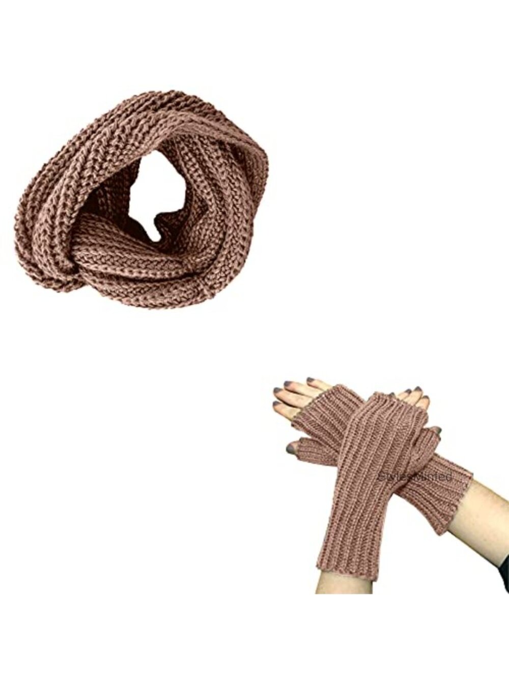 Alpaca Wool Knit Infinity Cowl Scarf & Mittens Set Unisex Handmade